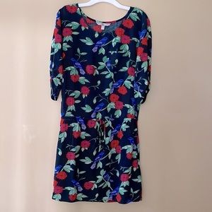 Banana Republic black dress with blue bird and flower print. Draw string…